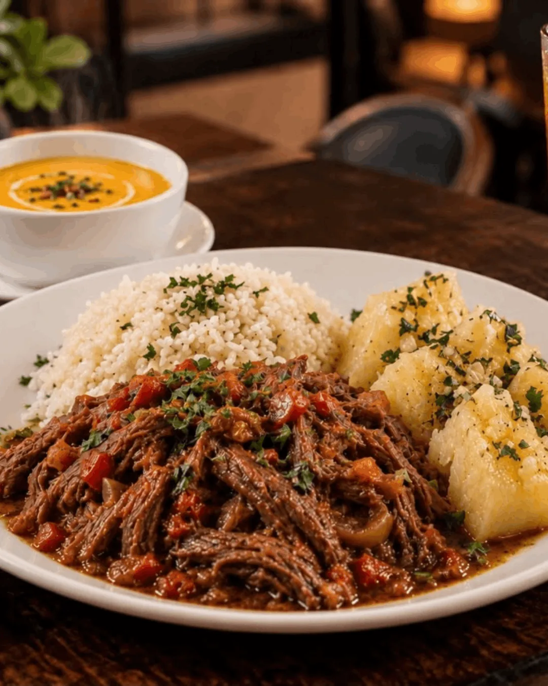 Carne mechada con arroz aromático y papas, almuerzo ejecutivo en En Alturas Café Bistró Bar, Mérida.