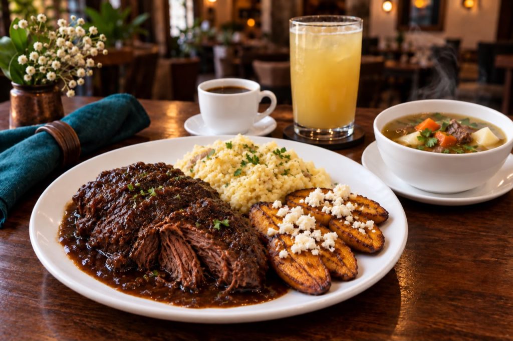 Mesa Ejecutiva Alturas con almuerzo venezolano en En Alturas Café Bistró Bar, centro de Mérida, Venezuela.