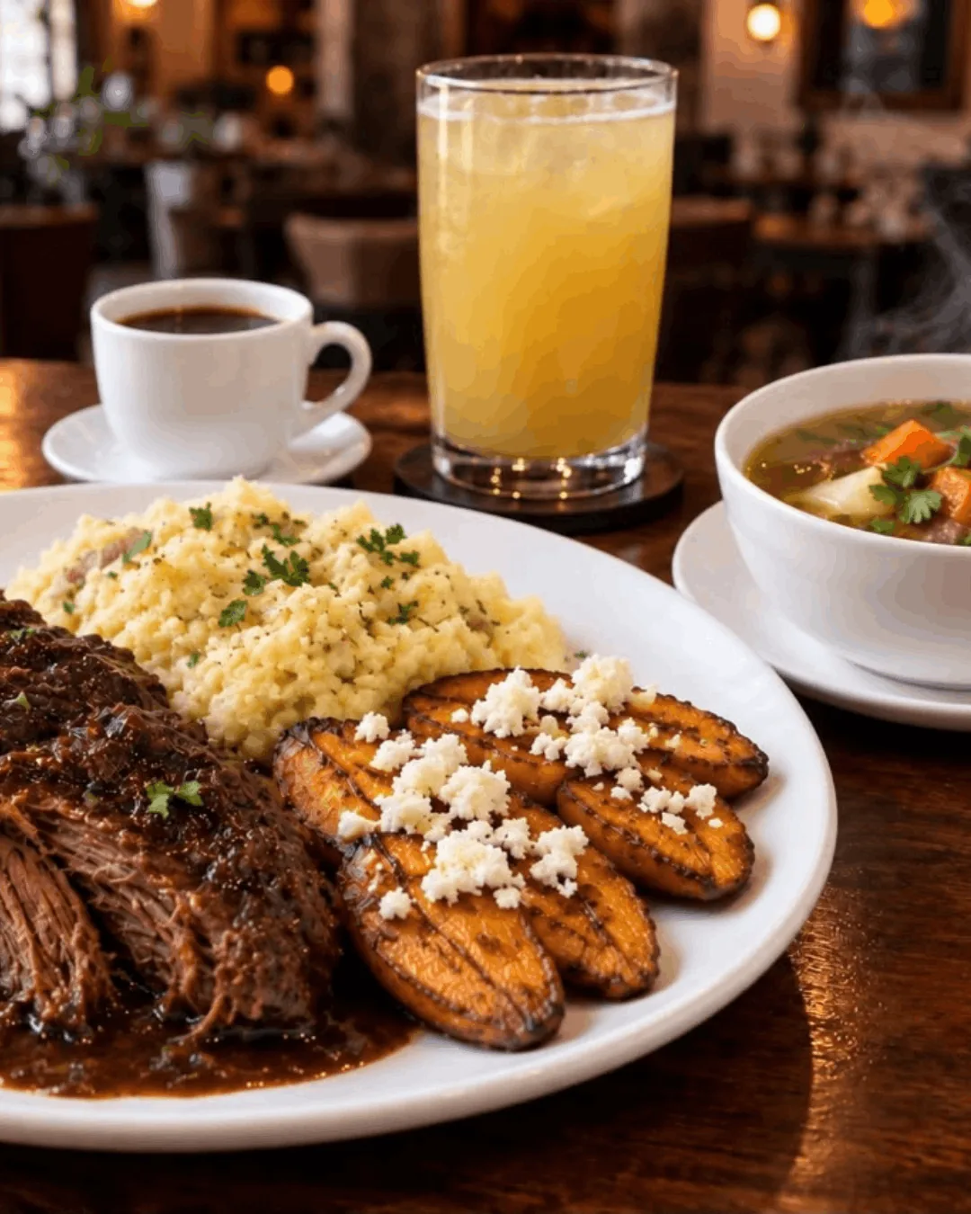 Mesa Ejecutiva Alturas con carne mechada, puré rústico y tajadas con queso fresco, almuerzos en Mérida en En Alturas Café Bistró Bar.
