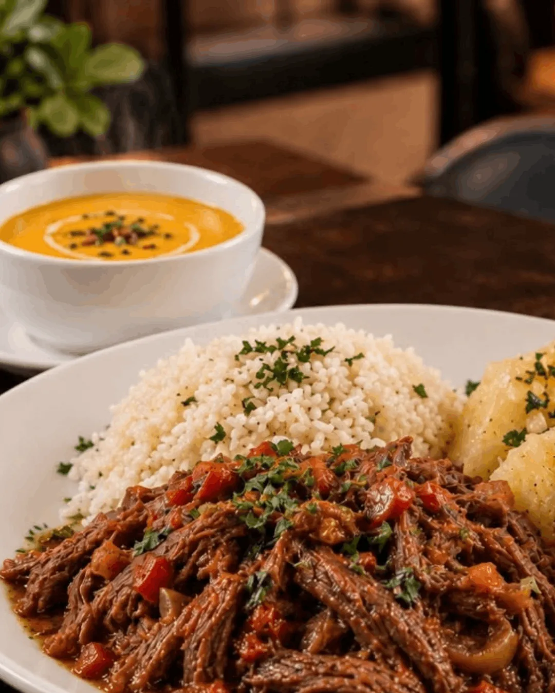 Detalle de la carne mechada de la Mesa Ejecutiva con arroz y papas en En Alturas Café, Mérida.