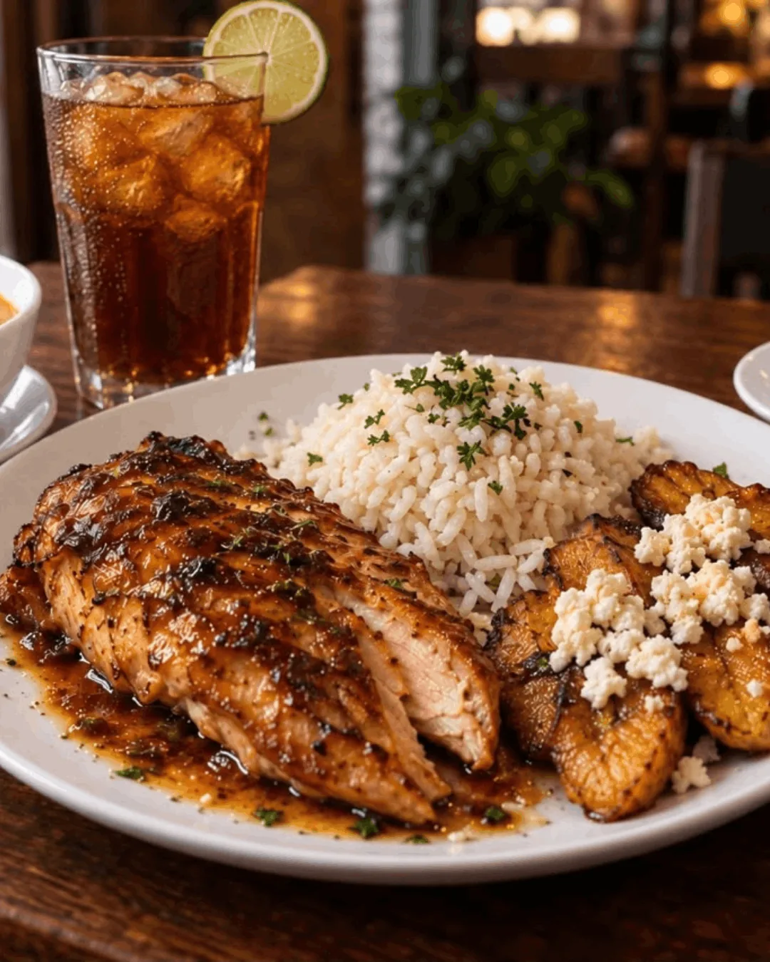 Pollo a la plancha con arroz aromático y tajadas, almuerzo ejecutivo en En Alturas Café Bistró Bar, Mérida, Venezuela.