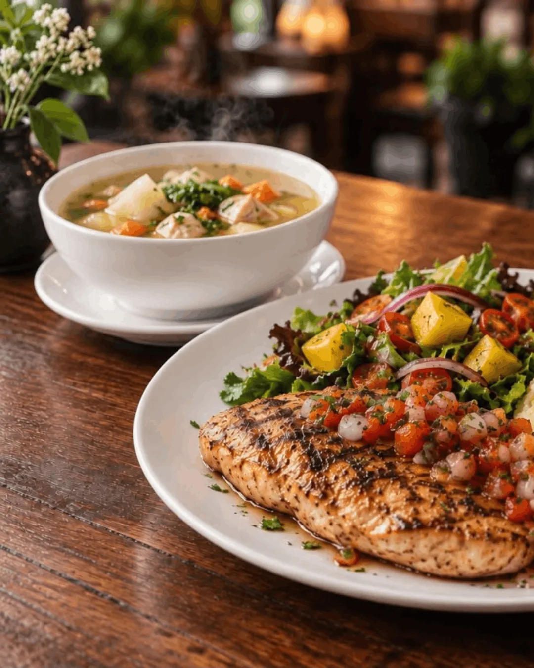 Sopa del día y pollo a la plancha con ensalada tropical, almuerzos en Mérida en En Alturas Café Bistró Bar.