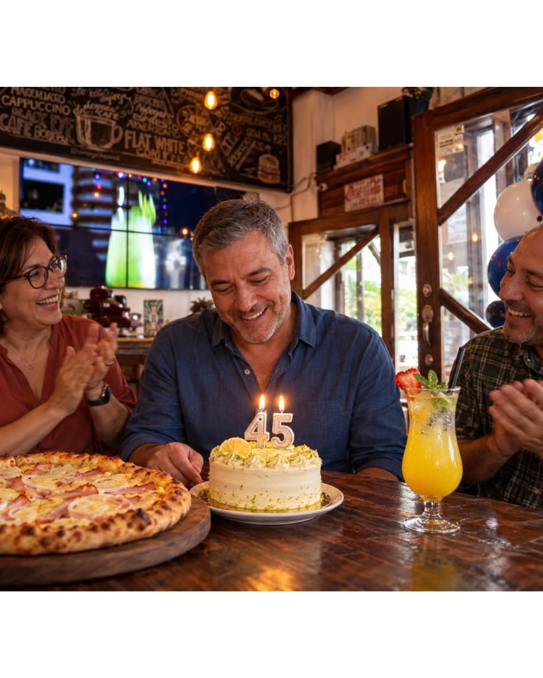 Celebración de 45 años con pizza artesanal, torta y cóctel en En Alturas Café Bistró Bar, Mérida