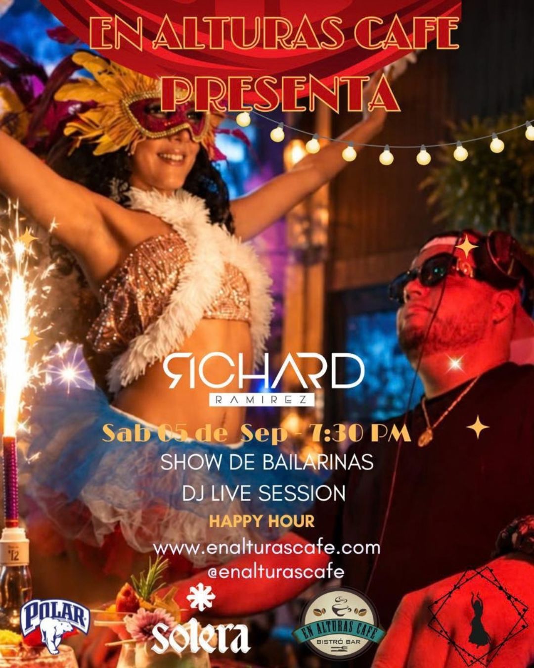 Show de bailarinas y DJ live session con Richard Ramírez en En Alturas Café Bistró Bar, Mérida.