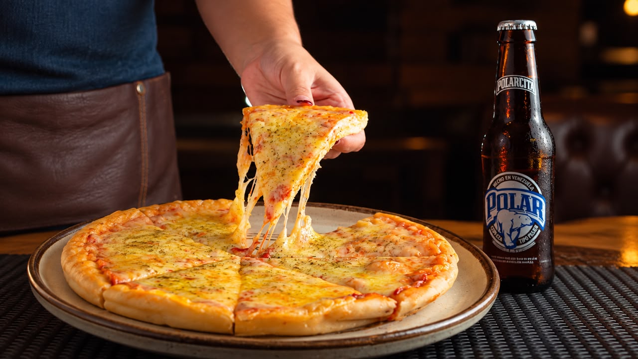 Pizzas artesanales en Mérida: pizza Margarita con cerveza Polar en En Alturas Café Bistró Bar, centro histórico.