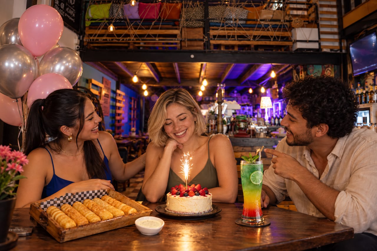 Eventos en Mérida: amigos celebrando con torta, tequeños y cócteles en En Alturas Café Bistró Bar